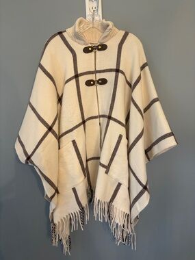 Marc New York Cream and Brown Windowpane Knit Poncho with Toggles
